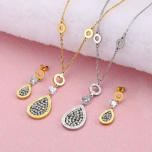 ETM462 Leaf-Shaped Titanium Steel Cubic Zirconia Collarbone Chain Earrings Set for Women