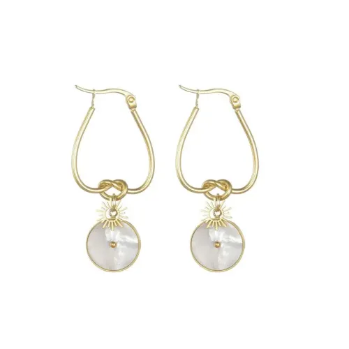 ETM578 Gold Stainless Steel Geometric Mother Pearl shell Tassel Earrings Sunflower Design Women