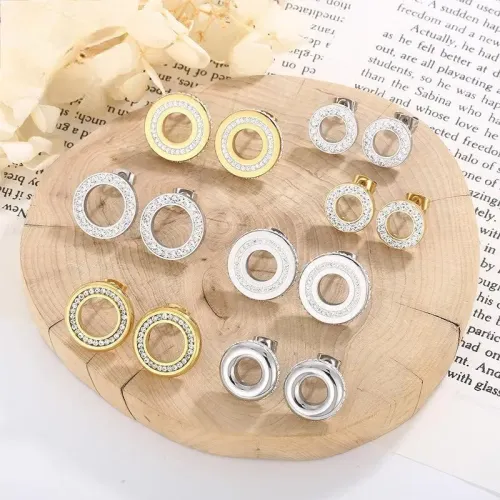 ETM297 Stainless Steel Geometric Hollow Circle Diamond Stud Earrings for Women