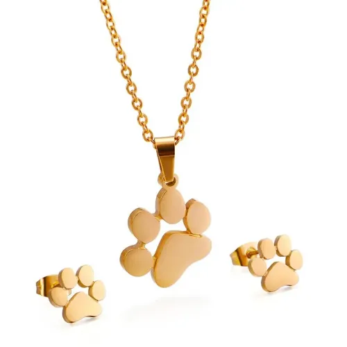 ETM394 Cute Pet Paw Print Necklace Earrings Set Adorable Animal Jewelry for Pet Lovers