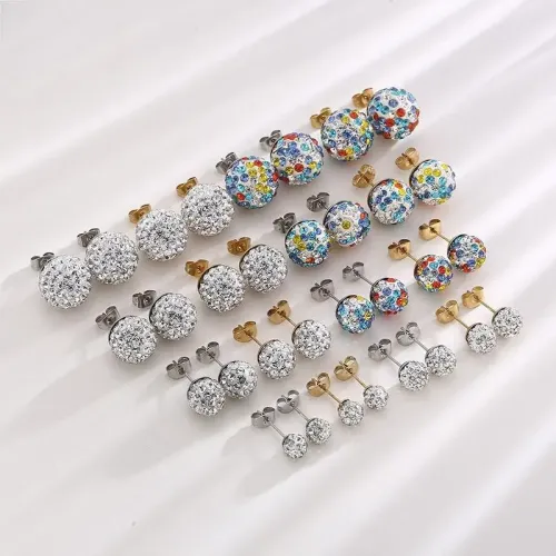 ETM817 Stainless Steel Shamballa Ball Stud Earrings with Rhinestones Multi-Color Sparkle