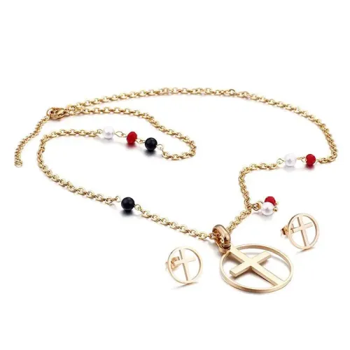 ETM412 Elegant Pearl Cross Necklace Earrings Set for Women Divine Jewelry Collection