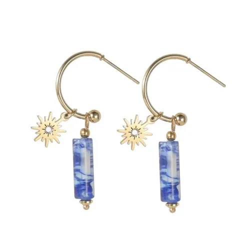 ETM773 14K Gold Natural Stone Pendant Hoop Earrings for Women Stainless Steel Fashion Jewelry