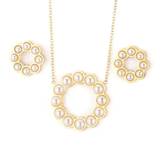 ETM413 Chic Circle Pearl Earrings Stainless Steel Necklace Set Timeless Elegance