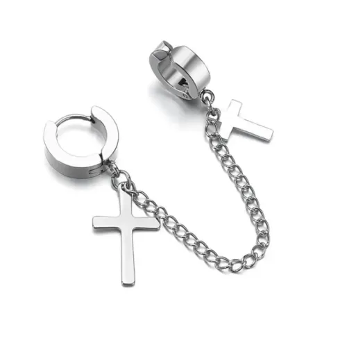 ETM787 Cross Studs with Stainless Steel Chain Unisex No-Pierce Ear Clips