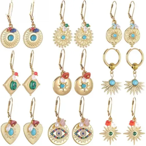 ETM556 14K Gold Turquoise Eye Stud Earrings with Diamond Accents for Women Stainless Steel