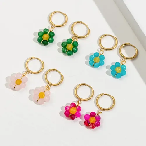 ETM645 Gold Blue Pink Beaded Earrings Women Stainless Steel Jewelry Accessory