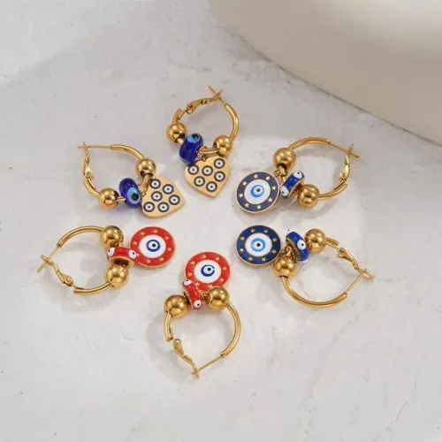 ETM560 14K Gold Eye Heart Beaded Stud Earrings Stainless Steel Beadwork Collection