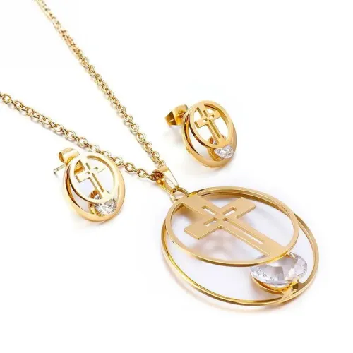 ETM427 Diamond-Encrusted Hoop Hollow Cross Earrings Necklace Set Jewelry