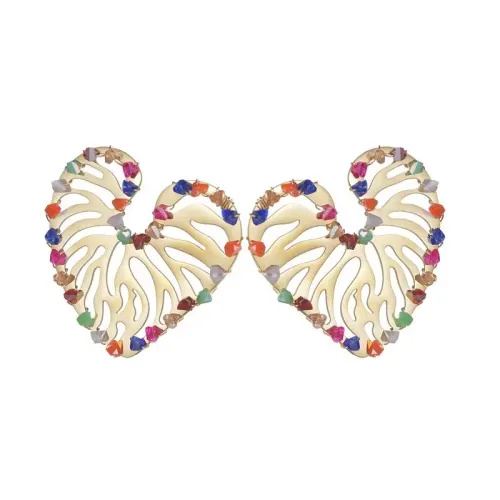 ETM538 14K Gold Hollow Heart Earrings with Colorful Cubic Zirconia Accents