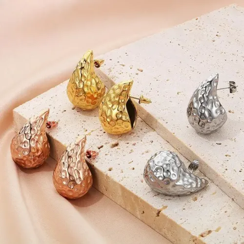 ETM311 Stainless Steel Teardrop Hammered Hollow Stud Earrings for Women