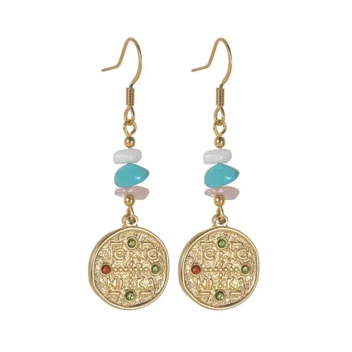 ETM628 14K Gold Round Tag Diamond Hollow Floral Turquoise Earrings for Women Stainless Steel Jewelry