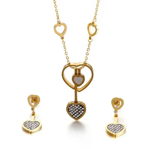 ETM459 Heart-Shaped Titanium Steel Diamond Cutout Necklace Earrings Set for Women