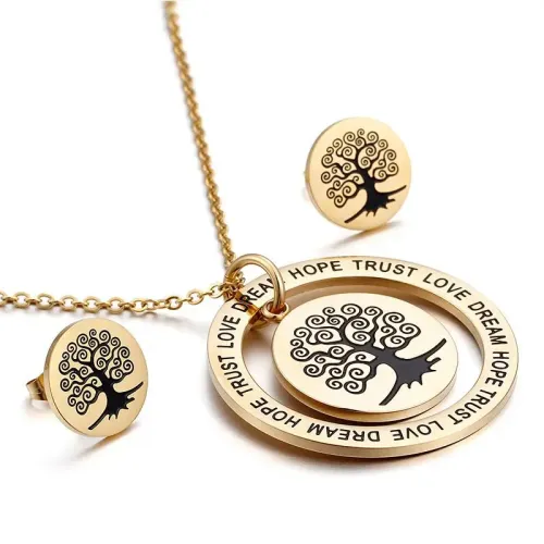 ETM476 Botanical Circle Full Hoop Christmas Tree Stainless Steel Necklace Earrings Set