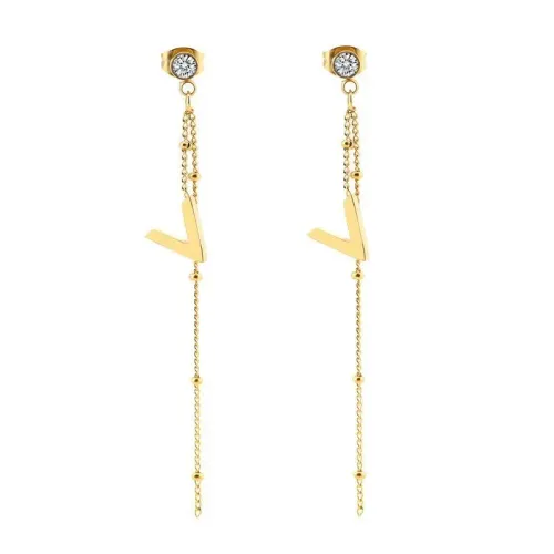 ETM798 Titanium Steel V-Letter Earrings with Zirconia Studs for Women Chic Ear Hangings