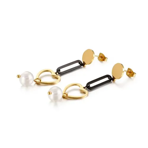 ETM437 Custom Titanium Steel Heart-Shaped Pearl Long Earrings