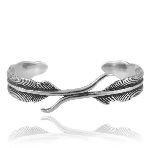 BTGM43 Feather Design Open Cuff Bracelet Stainless Steel Animal-Inspired Bangle