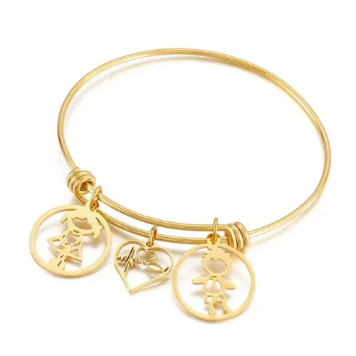 BTGM160 Unisex Stainless Steel Bracelet with Hollow Heart Pendant 24K Gold Plated Charm Bangle