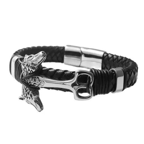 BTGM74 Men's Wolf Punk Leather Bracelet Stainless Steel Animal Wolf Braid