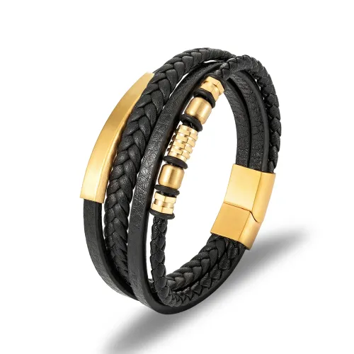 BTGM92 Men's Stainless Steel Leather Braided Bracelet Multi-Layer Magnetic Clasp Wristband