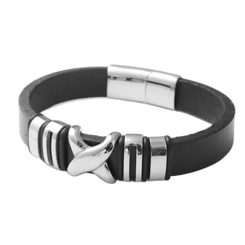 BTGM58 Men's X-Shape Hollow Punk Leather Bracelet Stainless Steel Braided