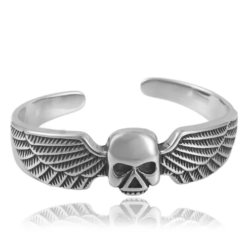 BTGM37 Skull with Wings Open Cuff Bracelet Stainless Steel Gothic Bangle