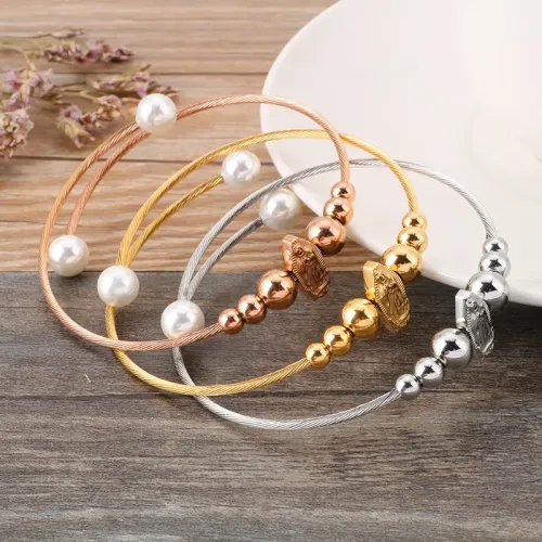 BTGM171 Elegant Zirconia Pearl Stainless Steel Tennis Bracelet for Women Diamond-Studded Sphere Design