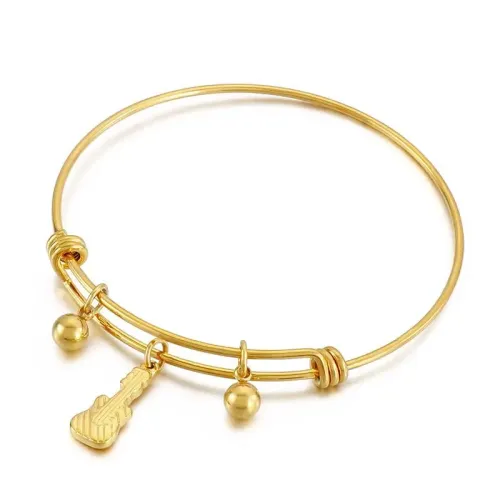 BTGM140 Unisex Stainless Steel Stretch Bead Bracelet with Guitar Pendant Music-Themed Jewelry