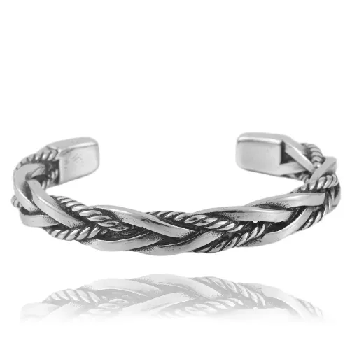BTGM46 Ponytail Braid Open Cuff Bracelet Stainless Steel Woven Design Bangle