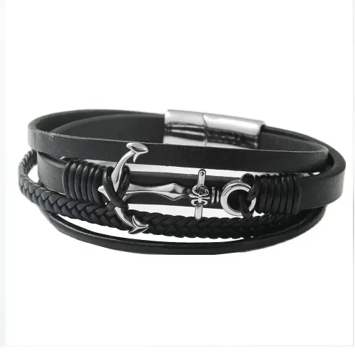 BTGM59 Men's anchor Punk Leather Bracelet Stainless Steel Braided jewelry