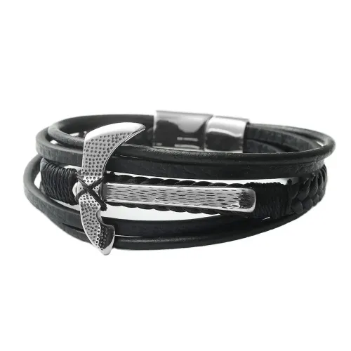 BTGM65 Men's Dual Axe Head Punk Leather Bracelet Stainless Steel Braided Double Axe