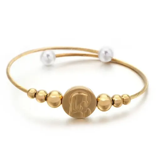 BTGM172 Gold-Plated Stainless Steel Bead Bracelet with Portrait Charm for Women Open Bangle