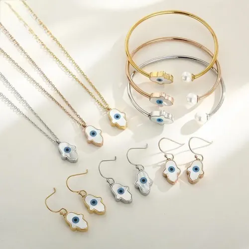 BTGM146 Evil Eye Necklace, Palm Earrings Shell Bracelet Set for Women Stainless Steel Eye Jewelry
