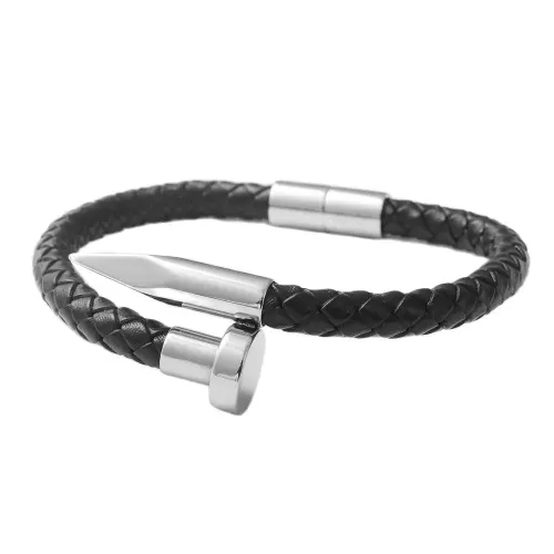 BTGM53 Unisex Stainless Steel Stud Punk Leather Bracelet Braided Nail