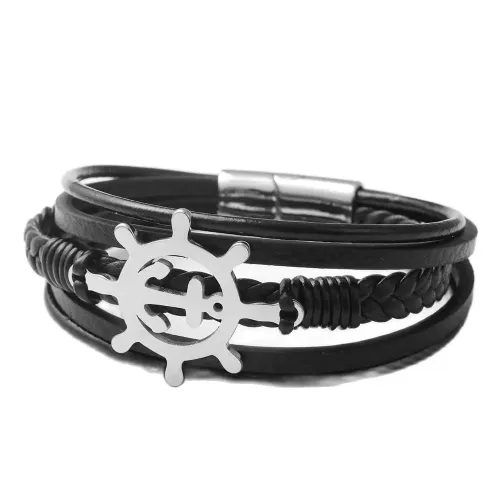 BTGM57 Men's Hollow Ship Wheel Punk Leather Bracelet Stainless Steel Braided