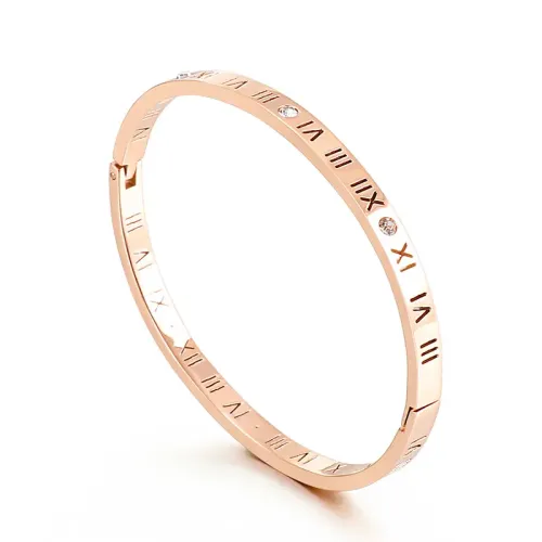 BTGM254 Rose Gold Roman Numeral Diamond Open Bracelet Couples' Stainless Steel Jewelry