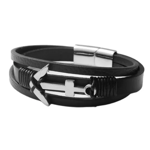 BTGM50 Men's Stainless Steel Hollow anchor Punk Braided Hook Leather Bracelet