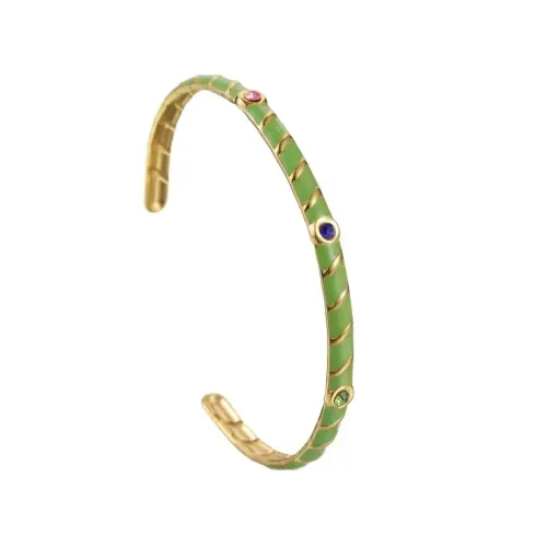 BTGM313 C-Shaped K Gold Plated Stainless Steel Cuff Bracelet with Zirconia Enamel Stripe Open Adjustable