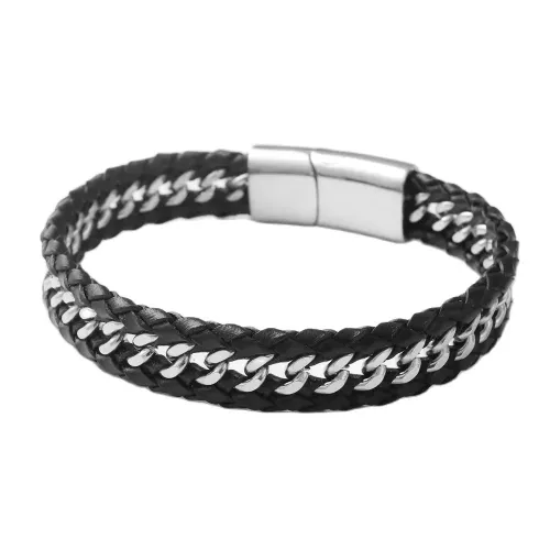BTGM62 Men's Stainless Steel Biker Chain Punk Leather Bracelet Hollow Braided Link