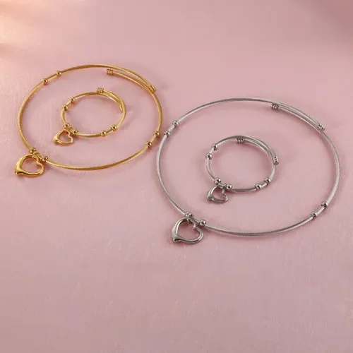 BTGM133 Stainless Steel Love Heart Pendant Open Bracelet Set Hollow Heart Jewelry