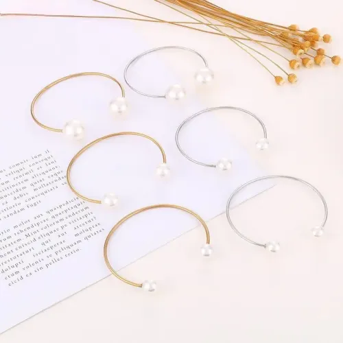 BTGM112 Dual Bead Open Cuff Bracelet for Women K-Gold Plated Stainless Steel Elegance