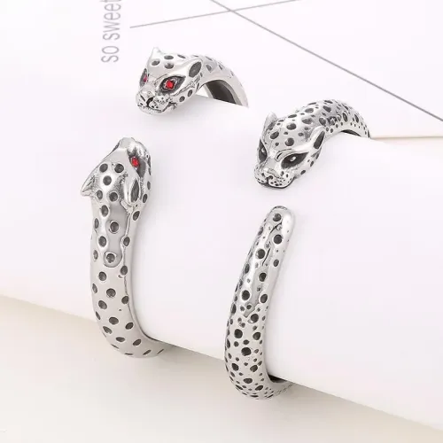 BTGM261 Red gemstones Double Panther Head Stainless Steel Bracelet Luxurious Women Nightclub Cuff