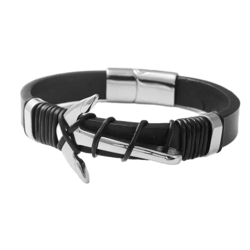 BTGM56 Men's Anchor Hook Punk Leather Bracelet Stainless Steel Braided Clasp