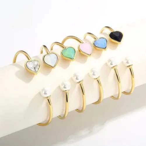 BTGM177 Rose Gold Pearl Multicolor Rhinestone Heart Open Cuff Stainless Steel Bracelet