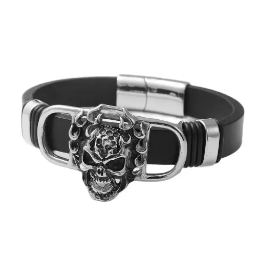 BTGM73 Men's Flaming Skull Punk Leather Bracelet Stainless Steel Braided Fire Skeleton