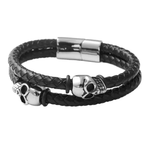 BTGM61 Men's Skull Punk Leather Bracelet Stainless Steel Braided Skeleton