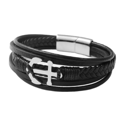 BTGM68 Men's Cross Hook Punk Leather Bracelet Stainless Steel Braided Cross
