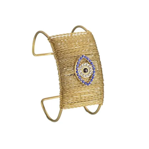 BTGM296 Gold-Plated Stainless Steel Evil Eye Open Cuff Bracelet Hollow Weave Design
