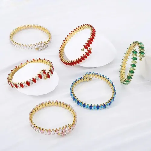 BTGM245 Multicolor Cubic Zirconia Gold-Toned Stainless Steel Square Open Cuff Bracelet for Women