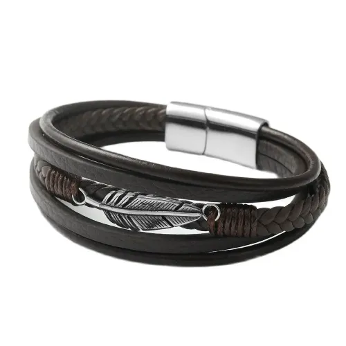 BTGM60 Men's Winged Punk Leather Bracelet Stainless Steel Braided Feather